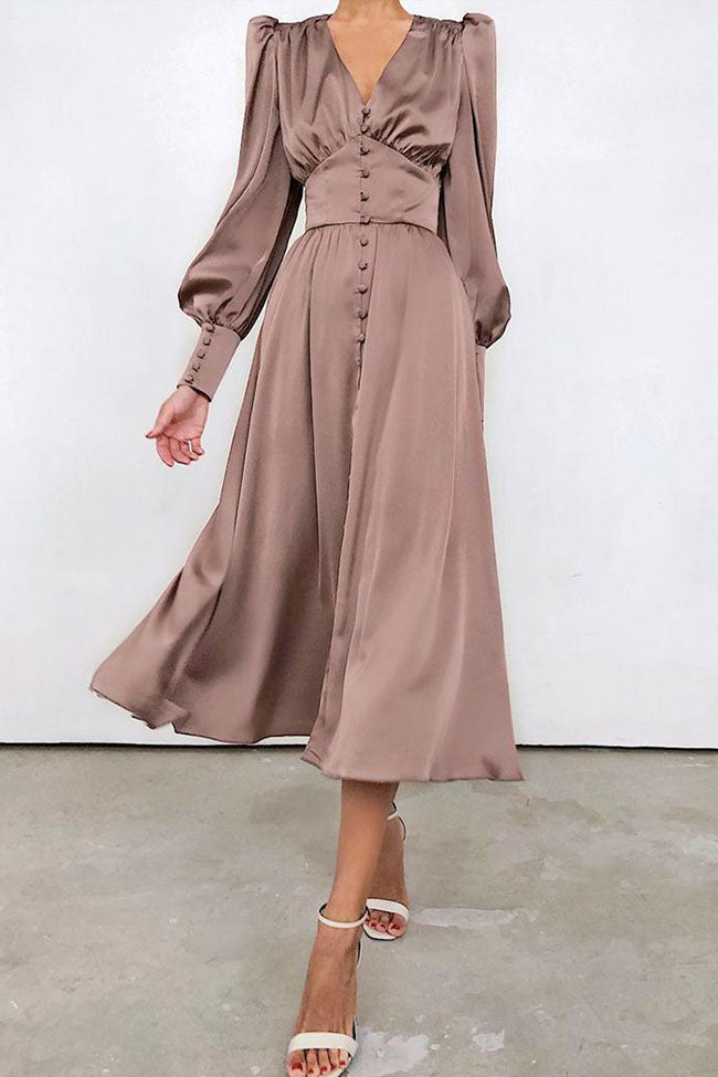 Silky Satin V Neck Puff Sleeve Button Up Shirt Midi Dress - Brown