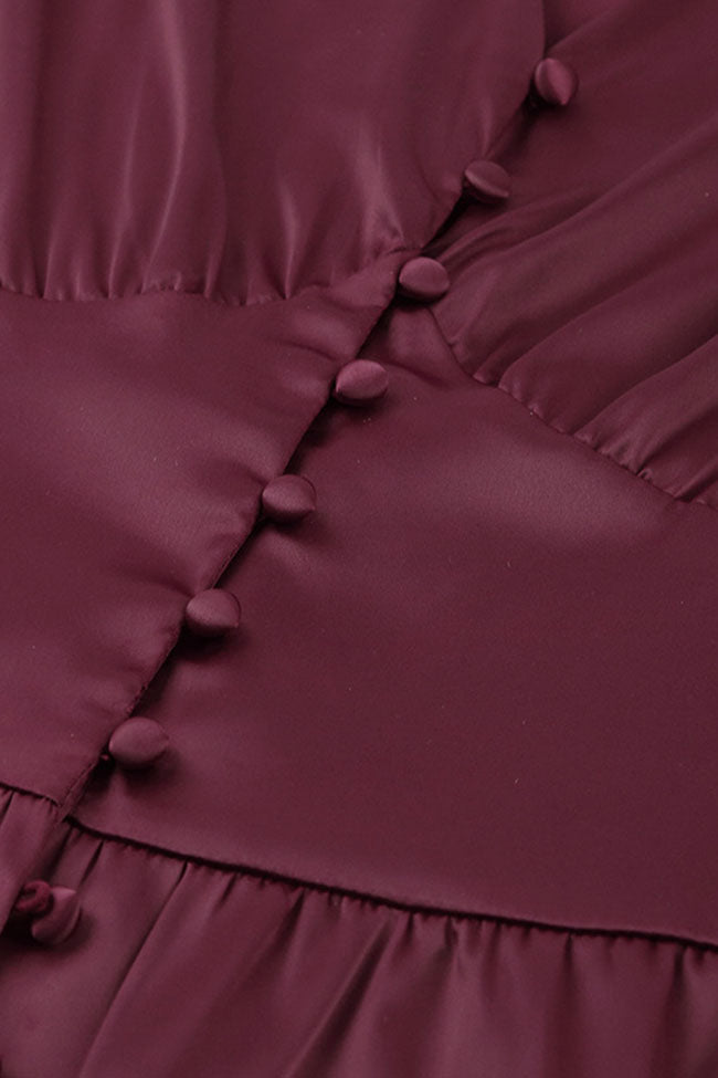 Silky Satin V Neck Puff Sleeve Button Shirt Midi Dress - Burgundy - View 2