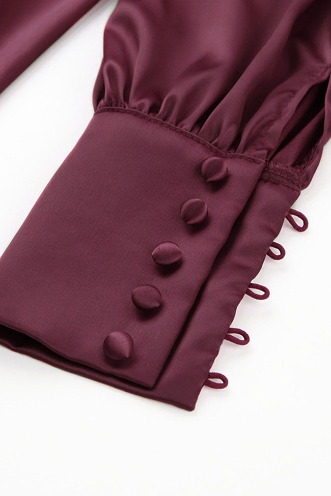 Silky Satin V Neck Puff Sleeve Button Shirt Midi Dress - Burgundy - View 3