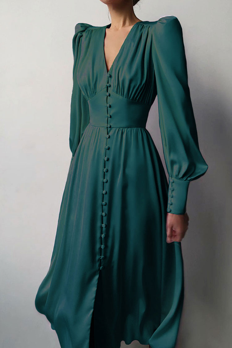 Silky Satin V Neck Puff Sleeve Shirt Midi Dress - Dark Green - View 2