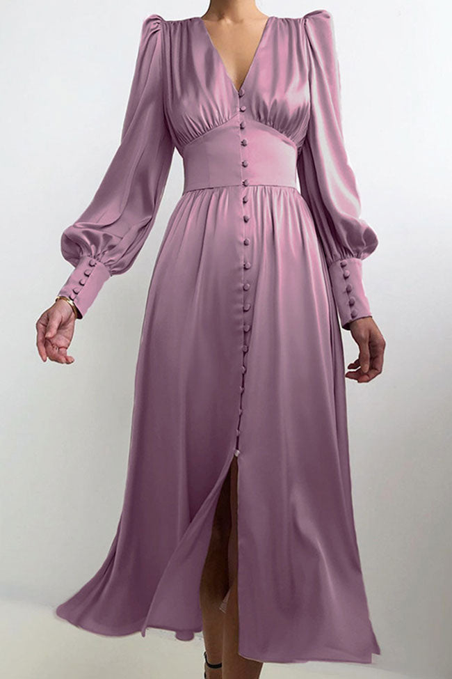 Silky Satin V Neck Puff Sleeve Button Shirt Midi Dress - Purple