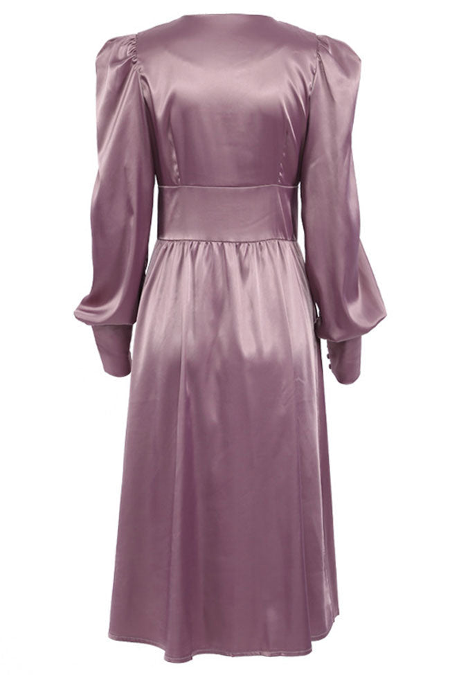 Silky Satin V Neck Puff Sleeve Button Shirt Midi Dress - Purple - View 3