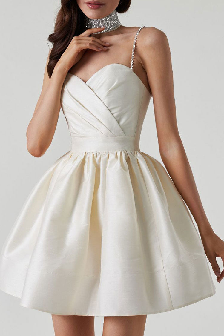 Silky Sweetheart Spaghetti Strap Pleated Satin Mini Dress - White