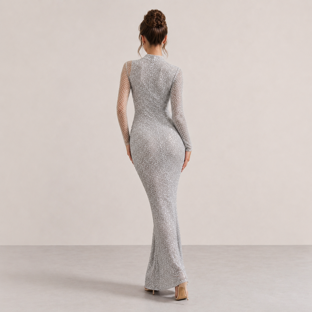 High Neck One Sleeve Sequin Mesh Cut Out Bodycon Maxi Gown 3