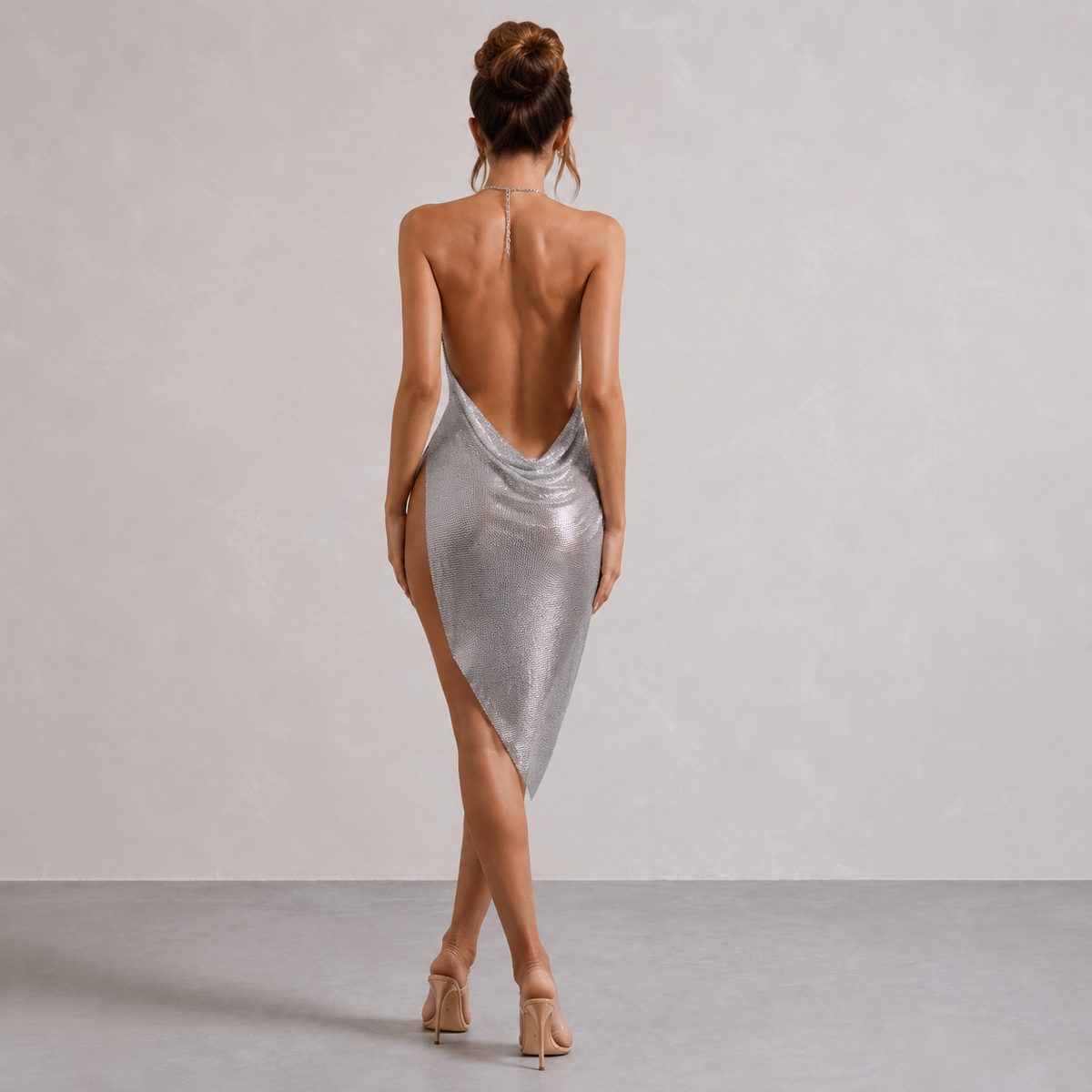 Cowl Neck Halter Backless Metallic Bodycon Mini Dress 9