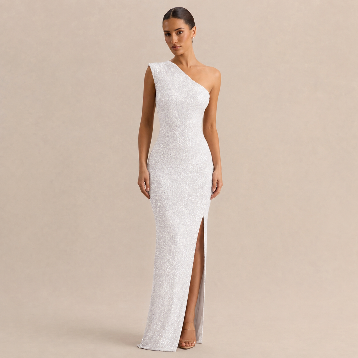 Sequin One Shoulder High Split Column Maxi Gown 4