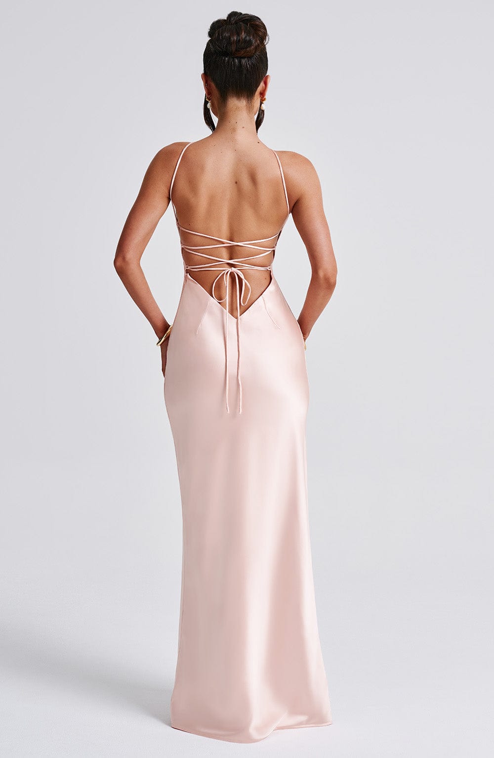 Satin Backless Lace Up Crisscross Strap Bodycon Maxi Gown - View 5