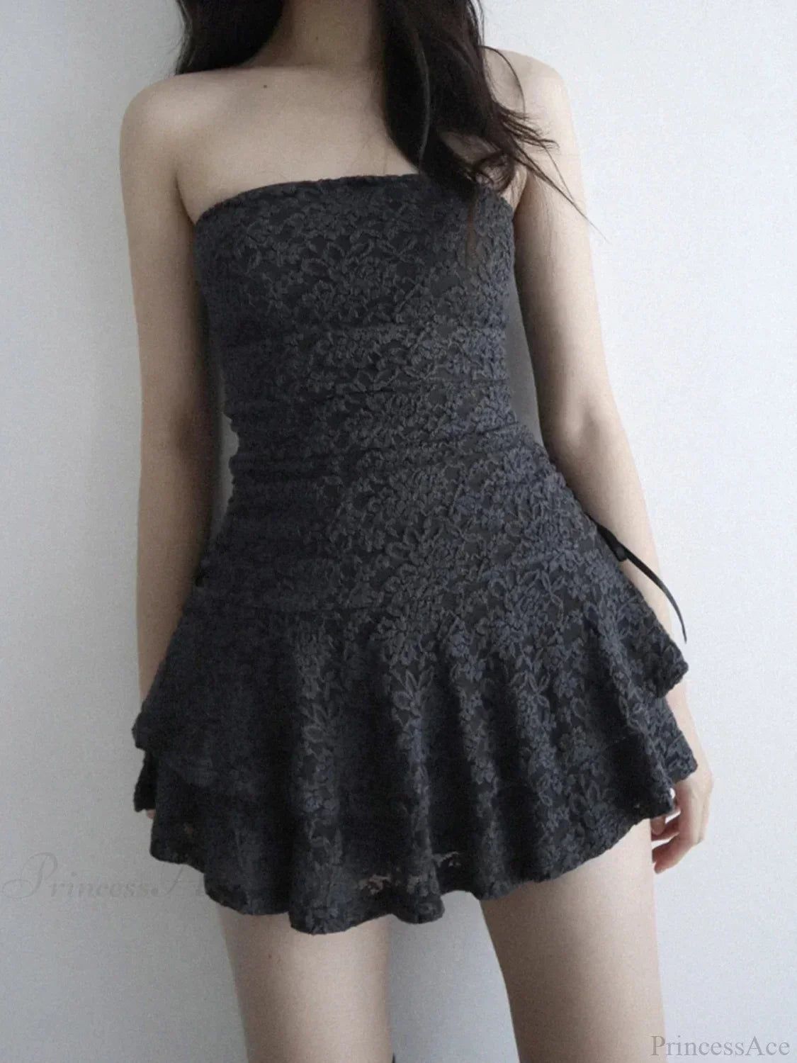 Strapless Lace Ruched Tiered Ruffle Scalloped Hem Cocktail Mini Dress - View 4