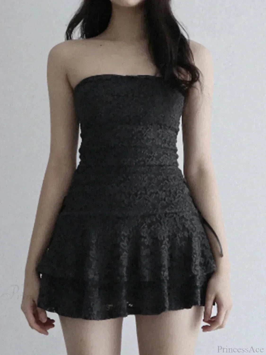 Strapless Lace Ruched Tiered Ruffle Scalloped Hem Cocktail Mini Dress - View 6