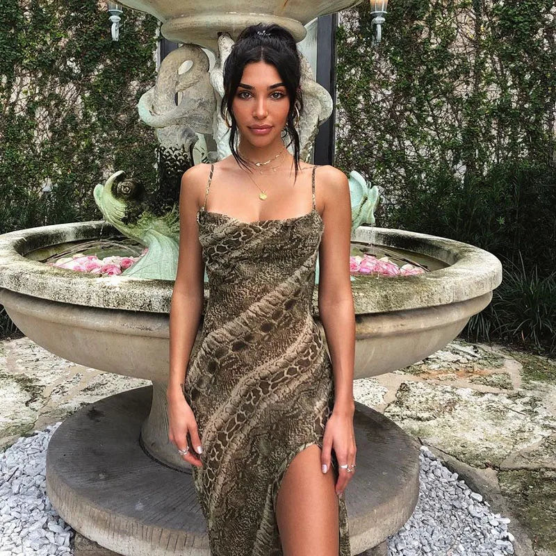 Snake Chiffon Long Party Sheer Backless Elegant Autumn Clothes Midi Dresses - View 2