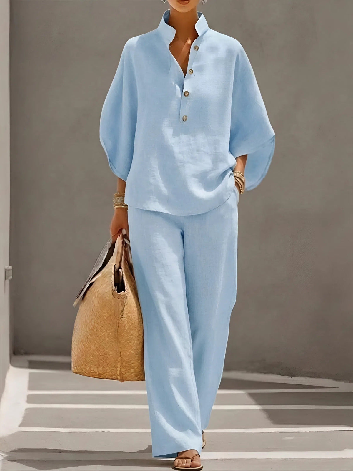 Band Collar Half Sleeve Top and Wide Leg Pants Two Piece Set 7