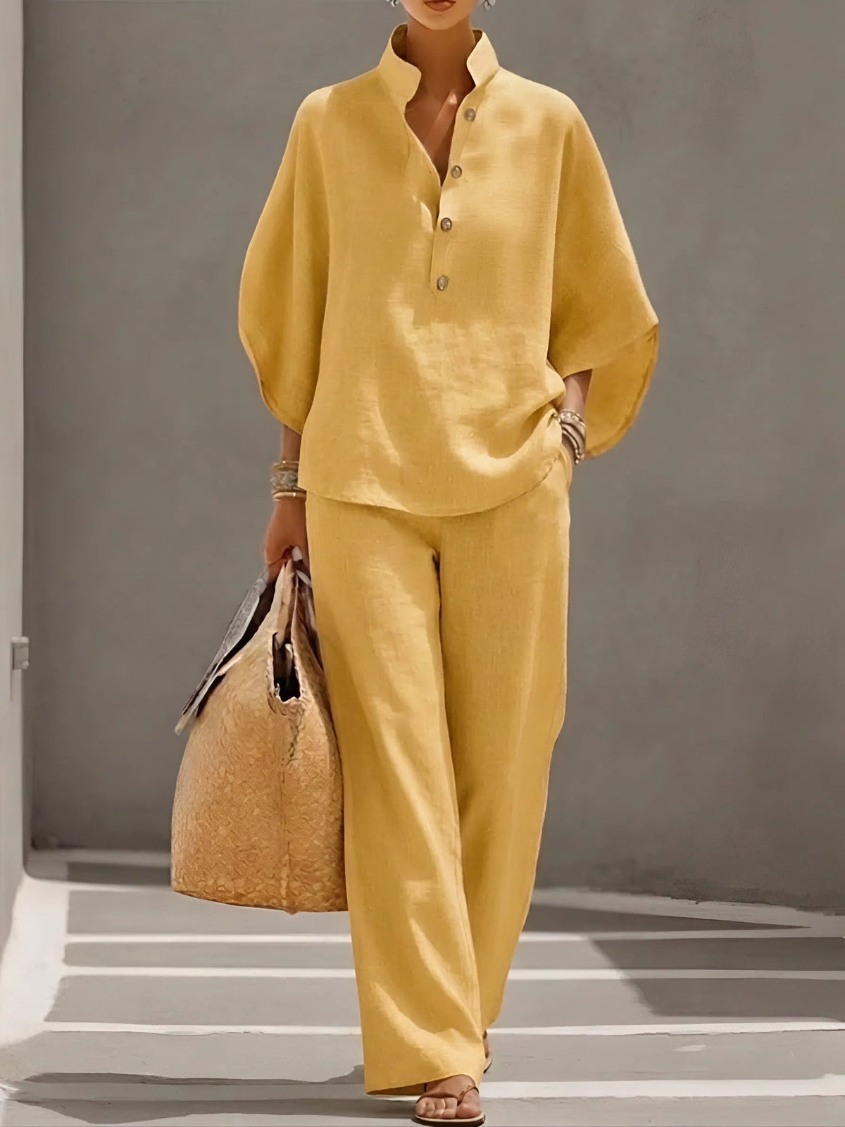 Band Collar Half Sleeve Top and Wide Leg Pants Two Piece Set 8