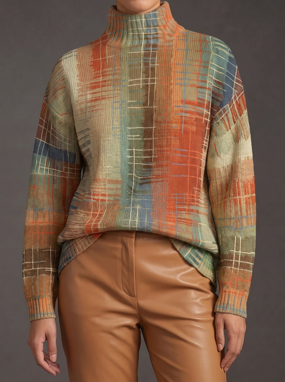 Abstract Plaid Print Turtleneck Sweater