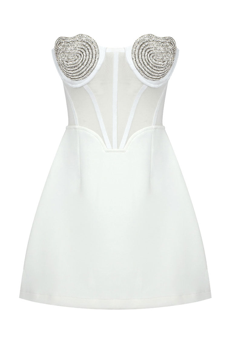 Sparkly Crystal Heart Shape Semi Sheer Party Mini Dress - White - View 3