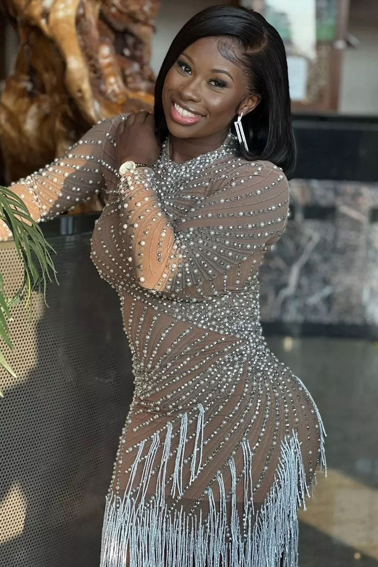 Mesh High Neck Long Sleeve Rhinestone Fringe Mini Dress - View 2