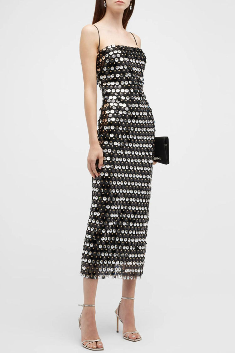 Sequin Square Neck Spaghetti Strap Bodycon Midi Dress in Black - View 2