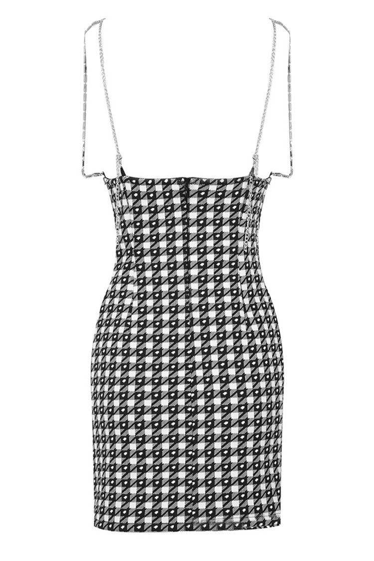 Houndstooth Rhinestone V-Neck Spaghetti Strap Bodycon Mini Dress - View 6