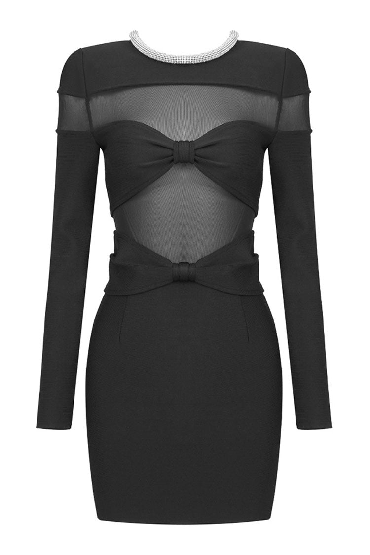 Sparkly Rhinestone Crew Neck Sheer Mesh Party Mini Dress - Black - View 3