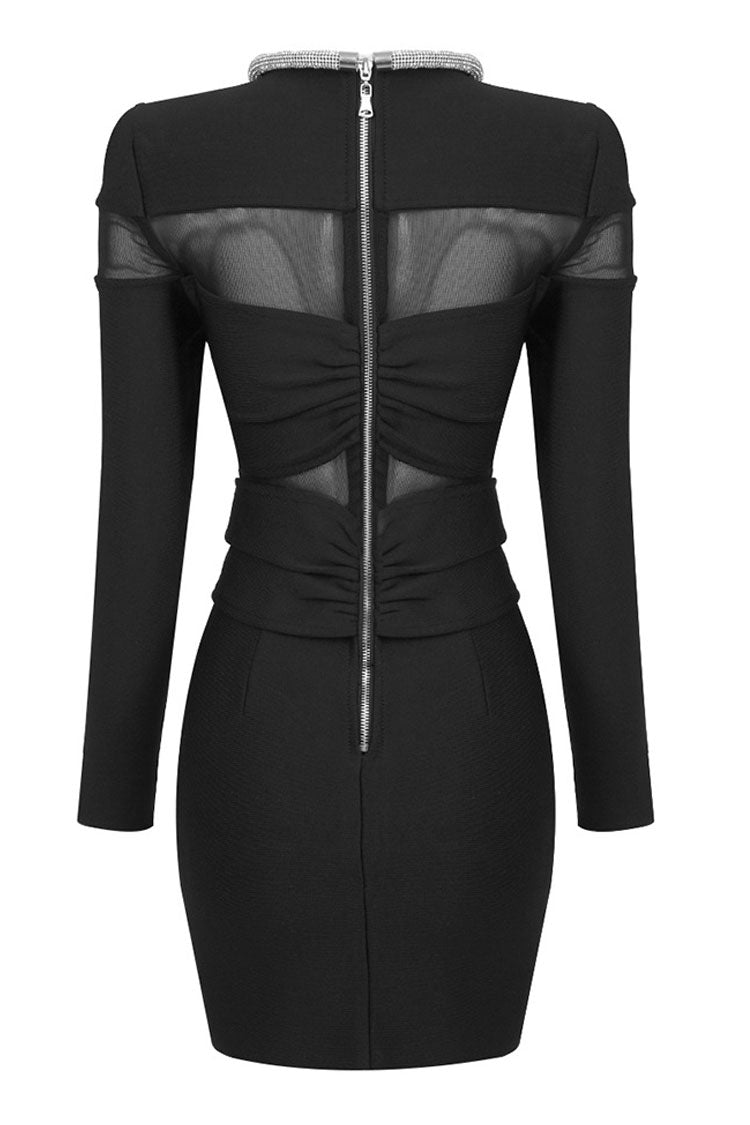 Sparkly Rhinestone Crew Neck Sheer Mesh Party Mini Dress - Black - View 4