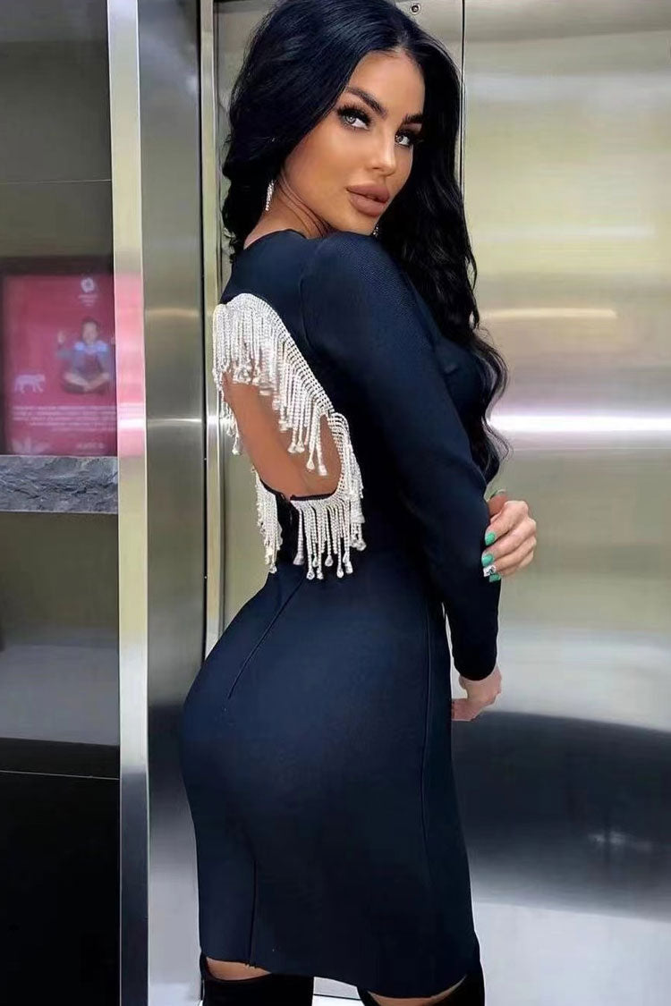Rhinestone Fringe Long Sleeve Cut Out Back Bodycon Mini Dress - View 2