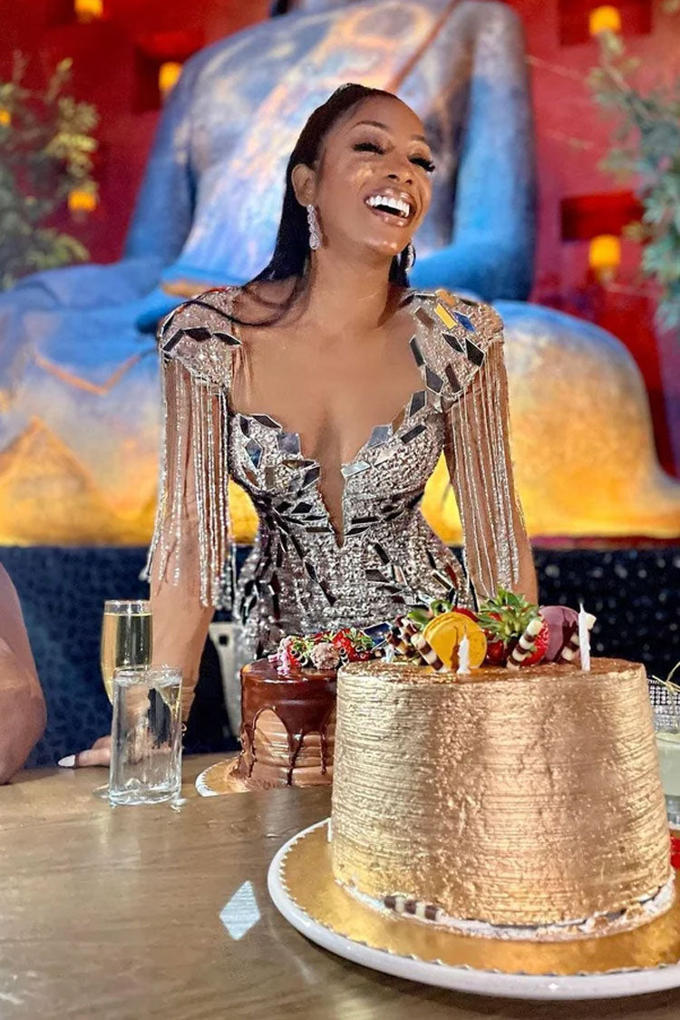 Deep V-Neck Crystal Fringe Sheer Mesh Bodycon Mini Dress - View 3