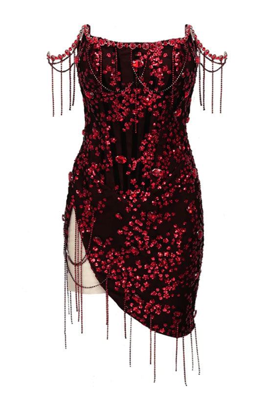 Sequin Square Neck Corset Rhinestone Fringe Mini Party Dress - View 4