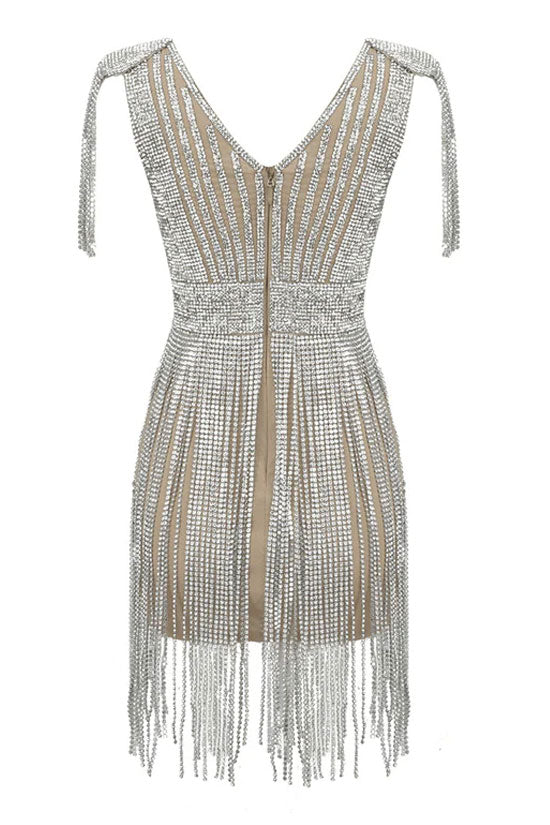 Rhinestone Tassel Fringe Deep V-Neck Sheer Party Mini Dress - View 4