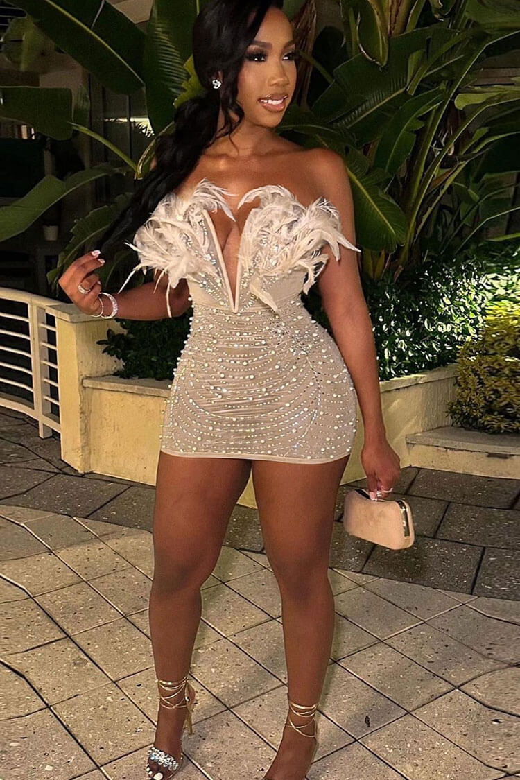Sparkly Rhinestone Mesh Feather Deep V Party Mini Dress - Apricot - View 2