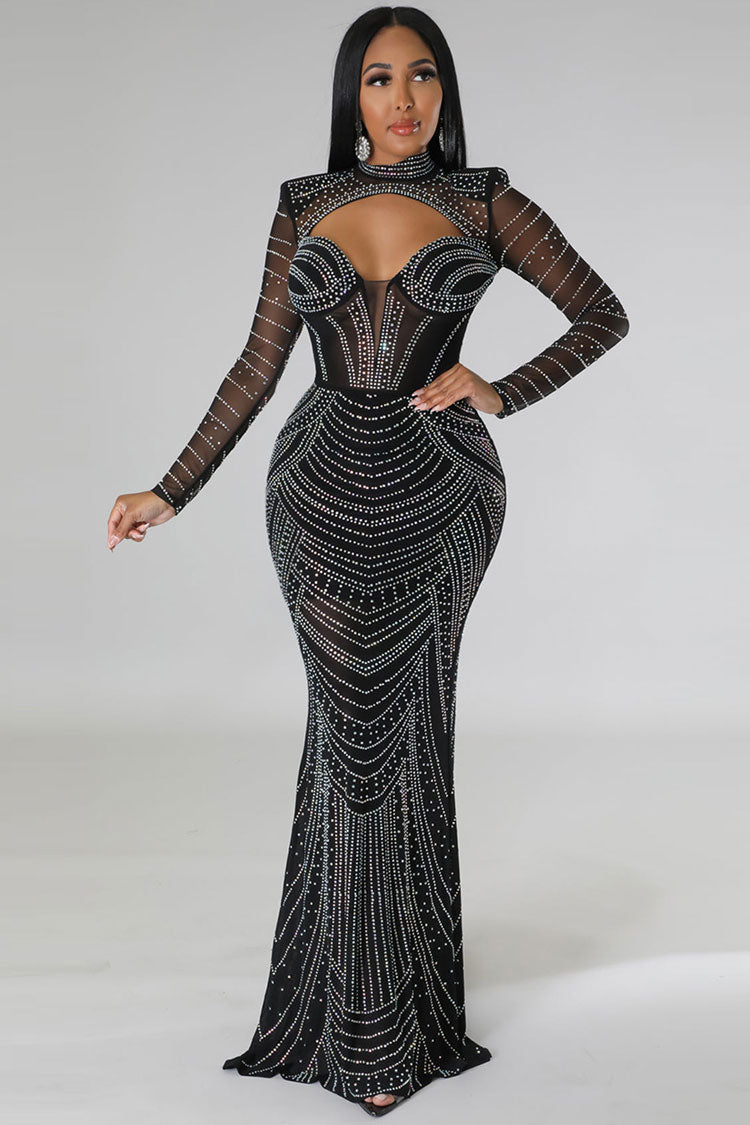 Sparkly Rhinestone Sheer Mesh Evening Maxi Dress - Black - View 5