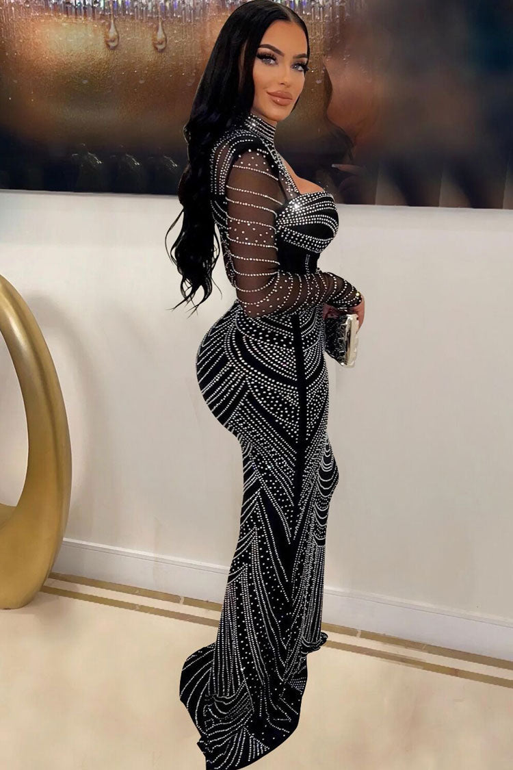 Sparkly Rhinestone Sheer Mesh Evening Maxi Dress - Black - View 3