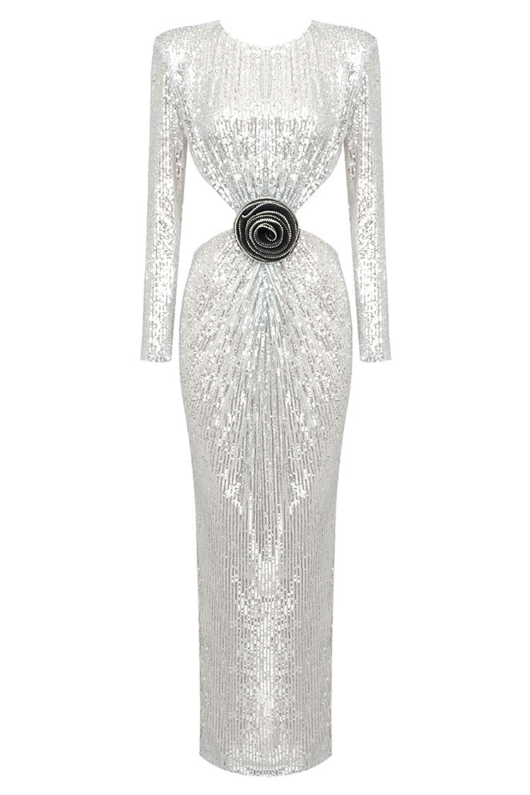 Sequin Long Sleeve Cut Out Rosette Ruched Bodycon Maxi Dress - View 6