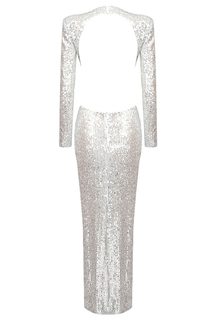 Sequin Long Sleeve Cut Out Rosette Ruched Bodycon Maxi Dress - View 7
