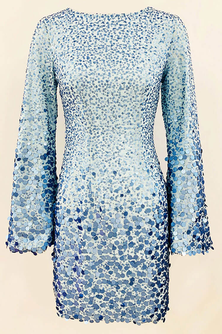 Sequin Round Neck Long Sleeve Bodycon Mini Party Dress in Blue - View 2