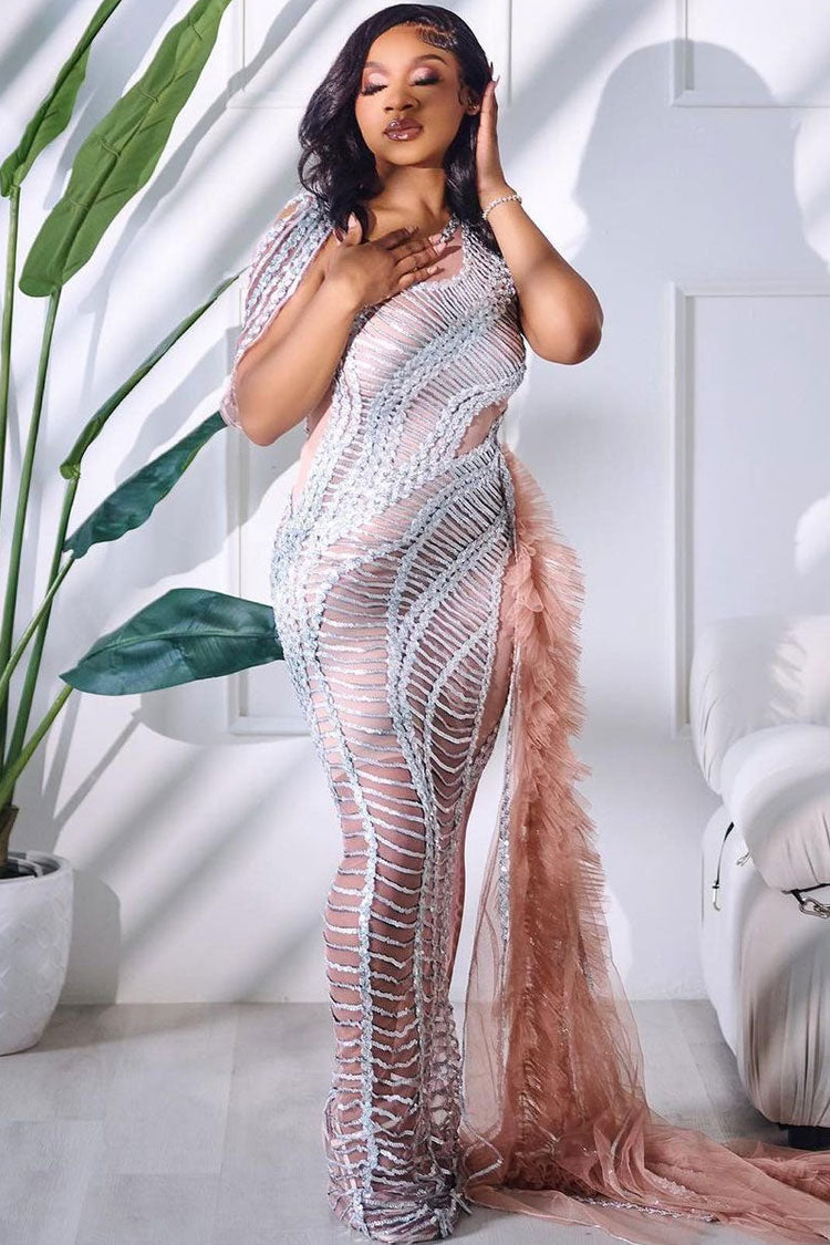 Sheer Sequin One Shoulder Ruffle Train Mermaid Gown