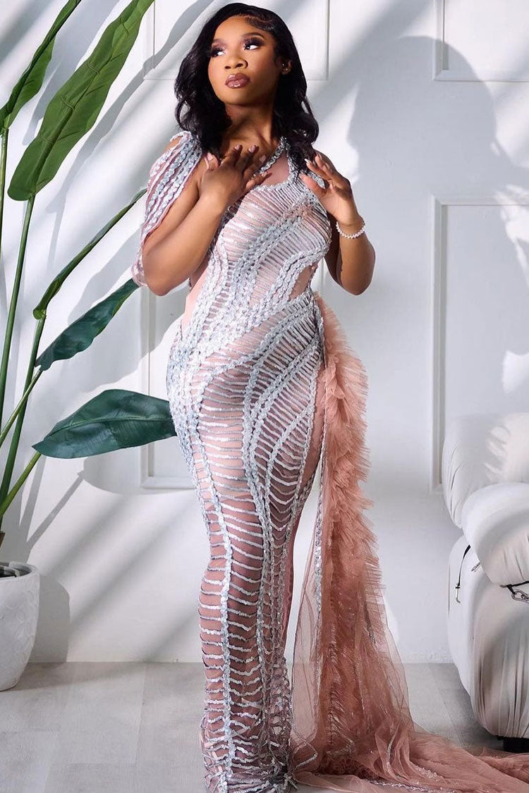 Sheer Sequin One Shoulder Ruffle Train Mermaid Gown - View 2