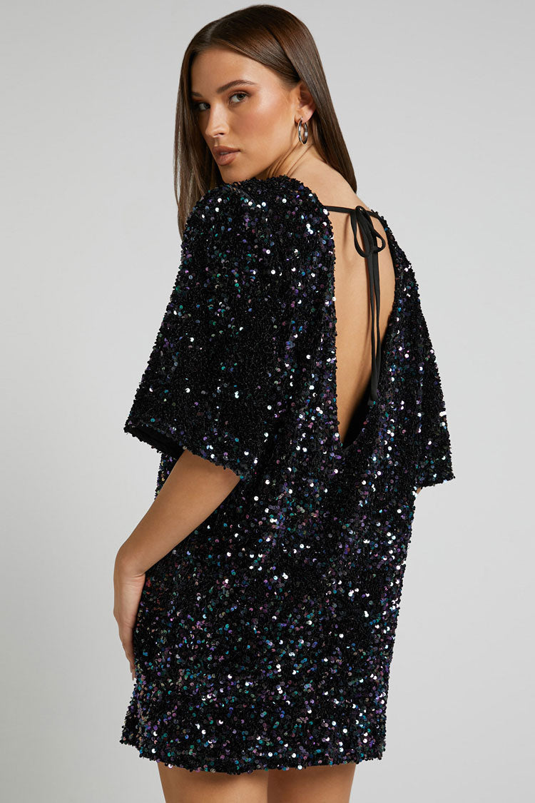 Sequin Crew Neck Short Sleeve Oversized Velvet Mini Dress - View 4