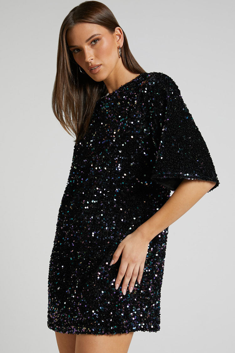 Sequin Crew Neck Short Sleeve Oversized Velvet Mini Dress - View 3