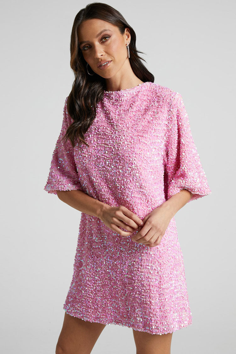 Sequin Velvet Crew Neck Short Sleeve Oversized Mini Dress - View 3