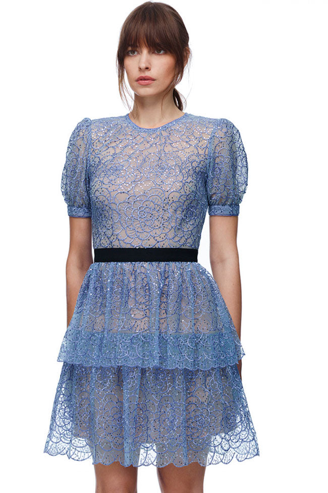 Floral Lace Puff Sleeve Tiered Ruffle Mini Dress - View 2