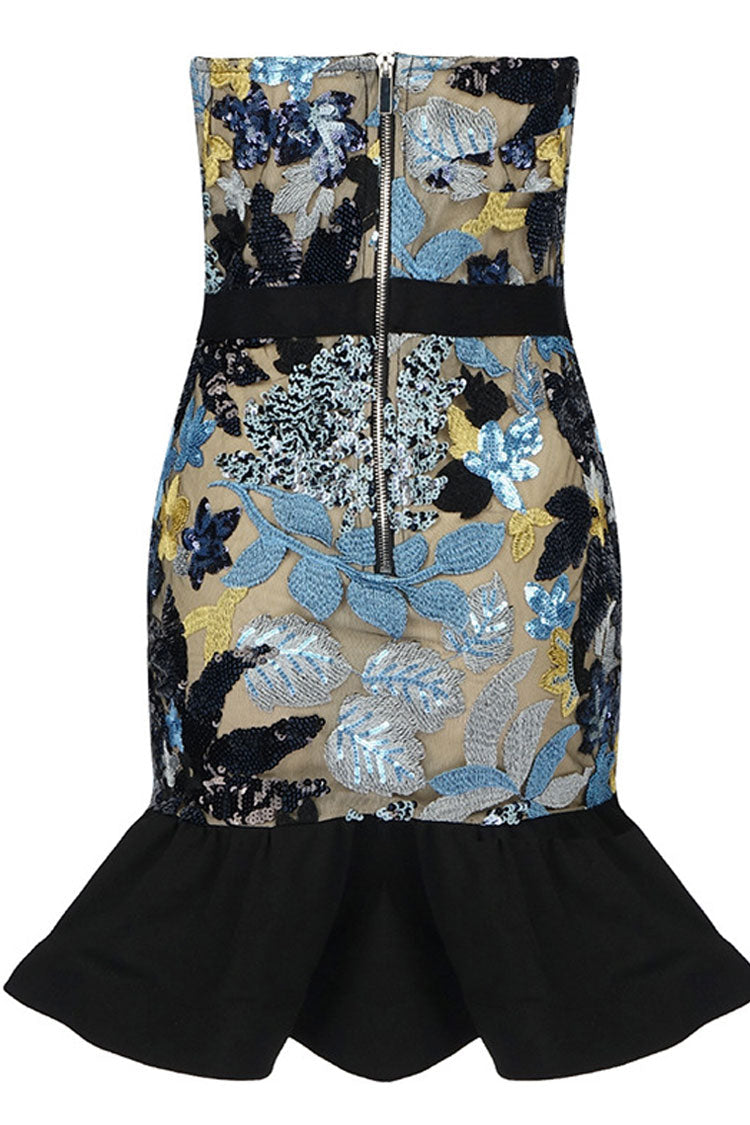 Floral Sequin Strapless Corset Ruffle Hem Bodycon Mini Dress - View 4