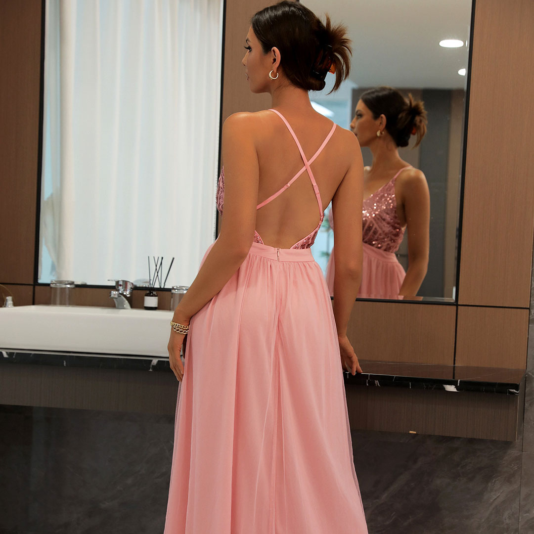 Sequin Deep V-Neck Backless Tulle High Split Maxi Dress in Pink - View 3