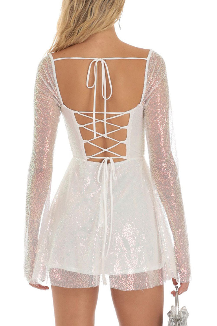 Square Neck Long Sleeve Sequin Tulle Fit and Flare Mini Dress - View 3