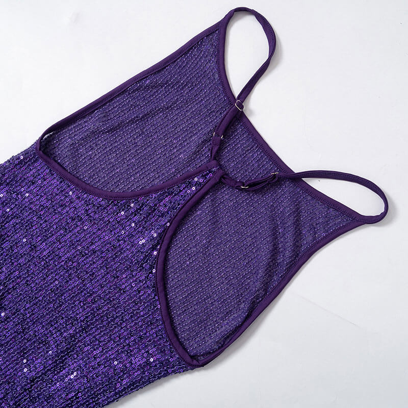Sequin Scoop Neck Side Split Open Back Maxi Dress - Purple - View 4