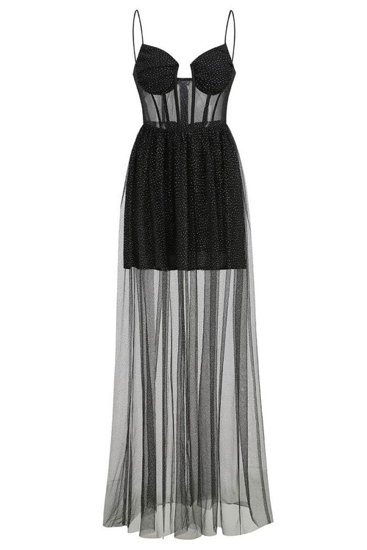 Glitter Strapless Corset Lace Up Sheer Tulle Maxi Dress - View 5