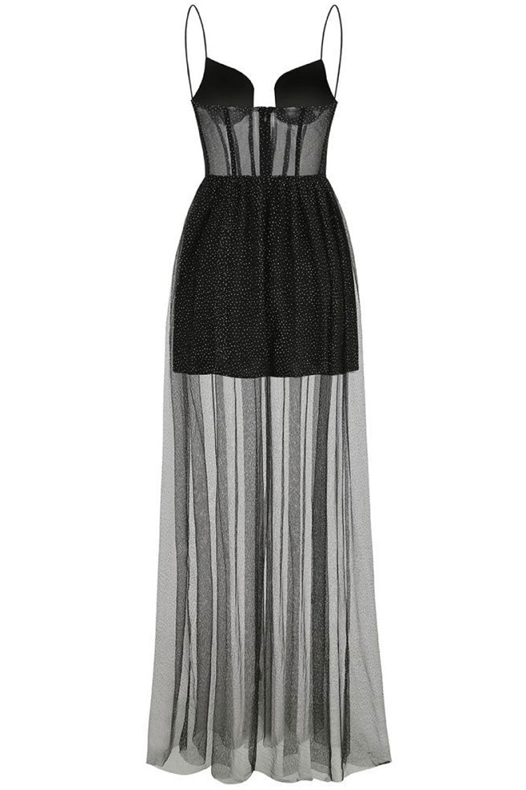 Glitter Strapless Corset Lace Up Sheer Tulle Maxi Dress - View 6