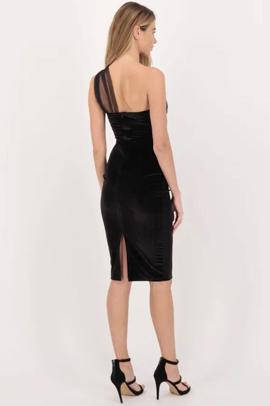 Sparkly Tulle One Shoulder Velvet Cocktail Party Midi Dress - Black - View 3