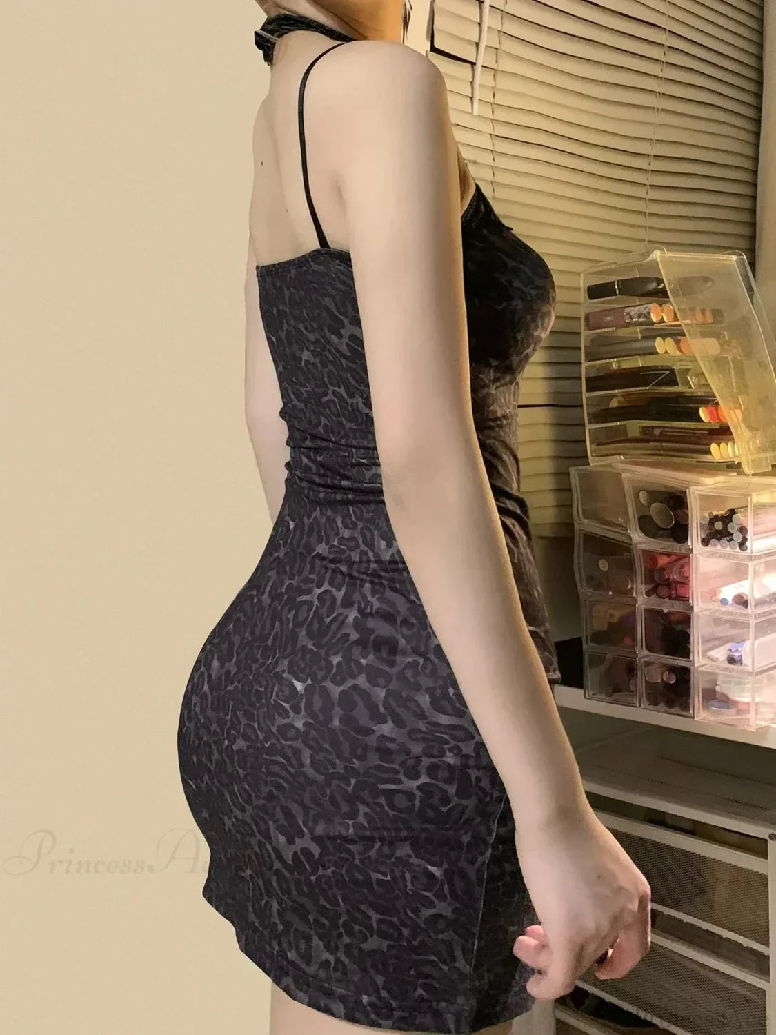 Leopard Print Lace Trim Spaghetti Strap High Split Bodycon Mini Dress - View 4