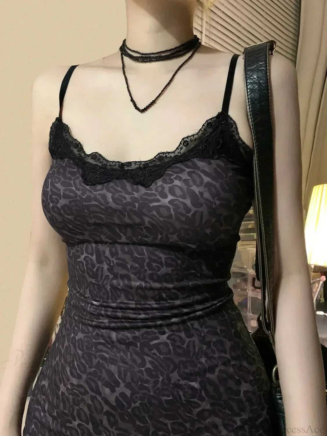 Leopard Print Lace Trim Spaghetti Strap High Split Bodycon Mini Dress - View 3