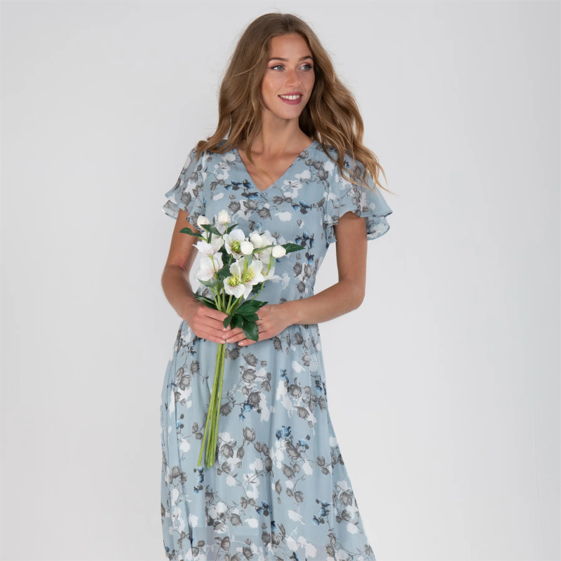 Floral Print Short Sleeve V-Neck A-Line Maxi Dress in Blue