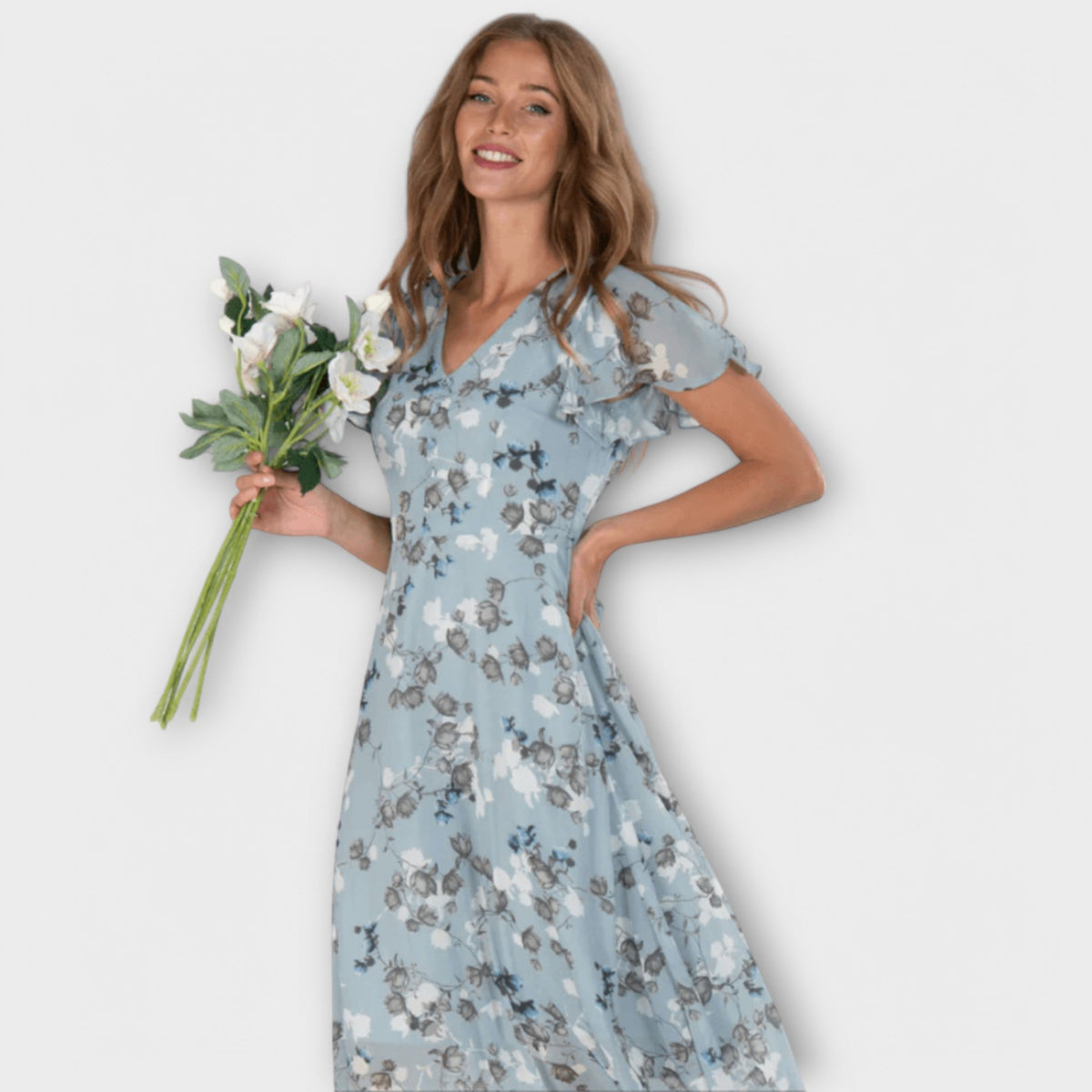 Floral V-Neck Flutter Sleeve A-Line Maxi Dress 4